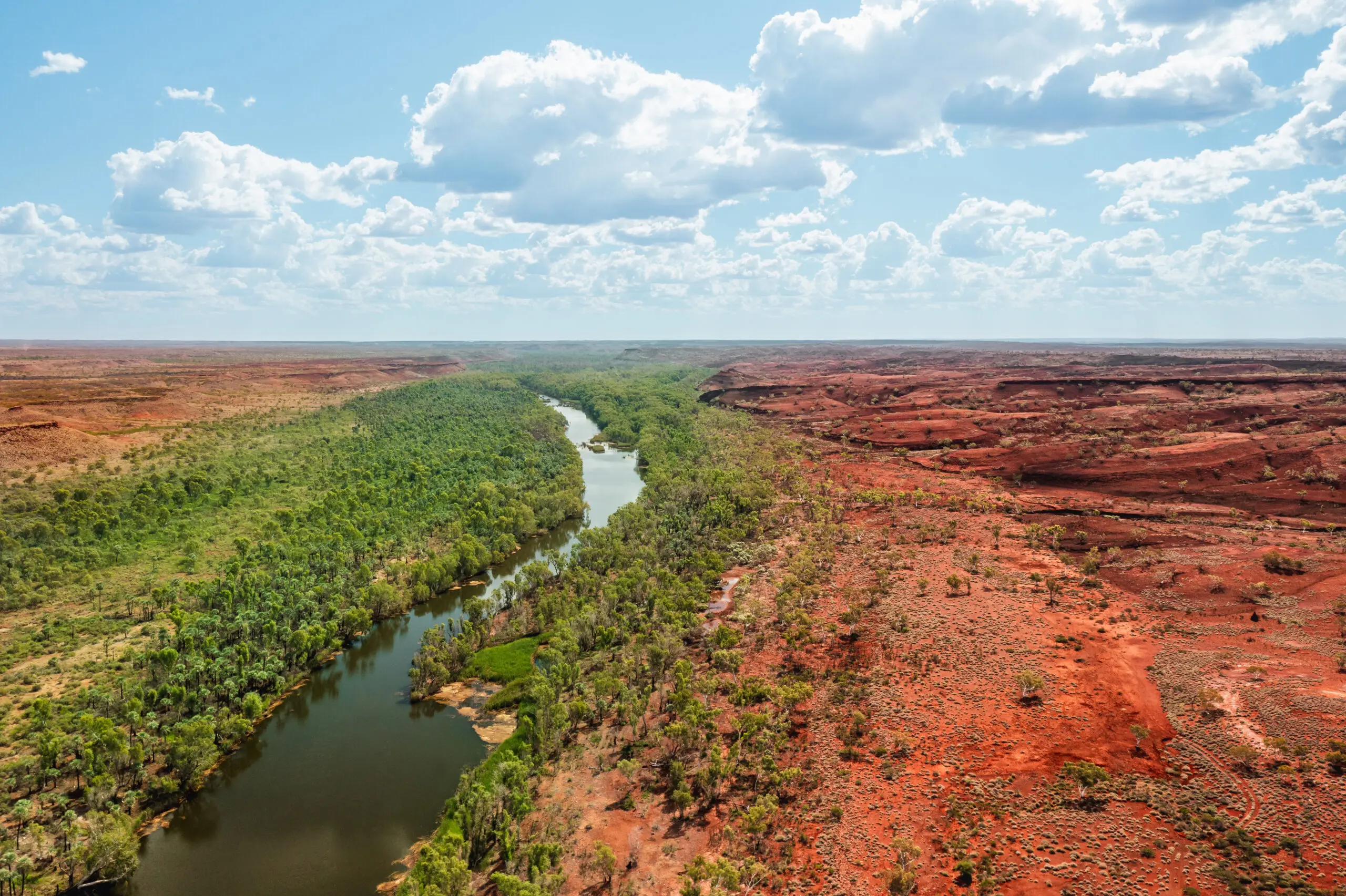 Aerial view of traveller camping at Millstream Chichester National Park in the Pilbara.