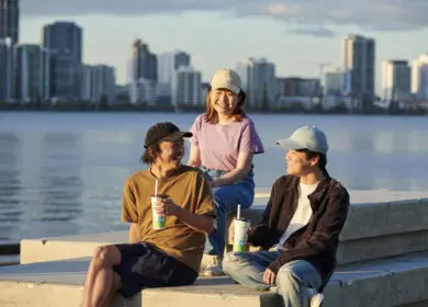 International students drinking bubble tea and interacting on the South Perth Foreshore, South Perth